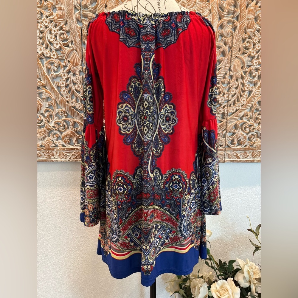 Urban Mangoz Red & Blue Medallion Relaxed Fit Cool Wrinkle Free Mini Dress- M - Picture 3 of 12